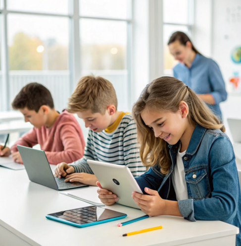 Children using tablets and laptops in a classroom with a teacher in the background