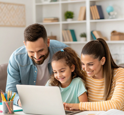 Parents helping their child with online learning at home using a laptop