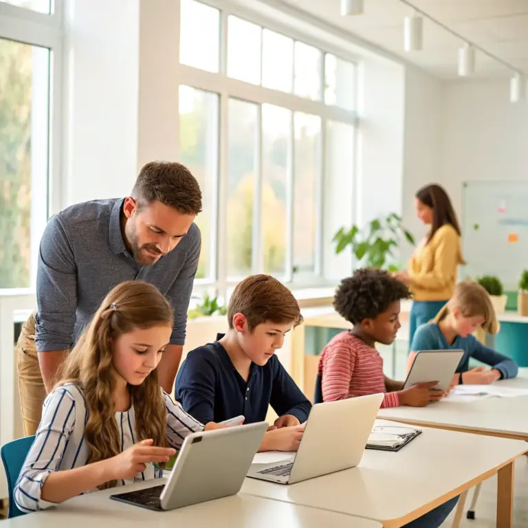 Students in a modern classroom using tablets and laptops, guided by a teacher, with educational apps on screen