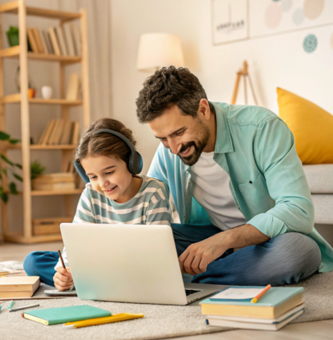 Father helping his daughter with online homework on a laptop at home