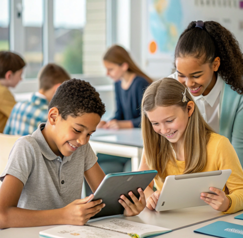Students smiling and learning with tablets in a modern classroom