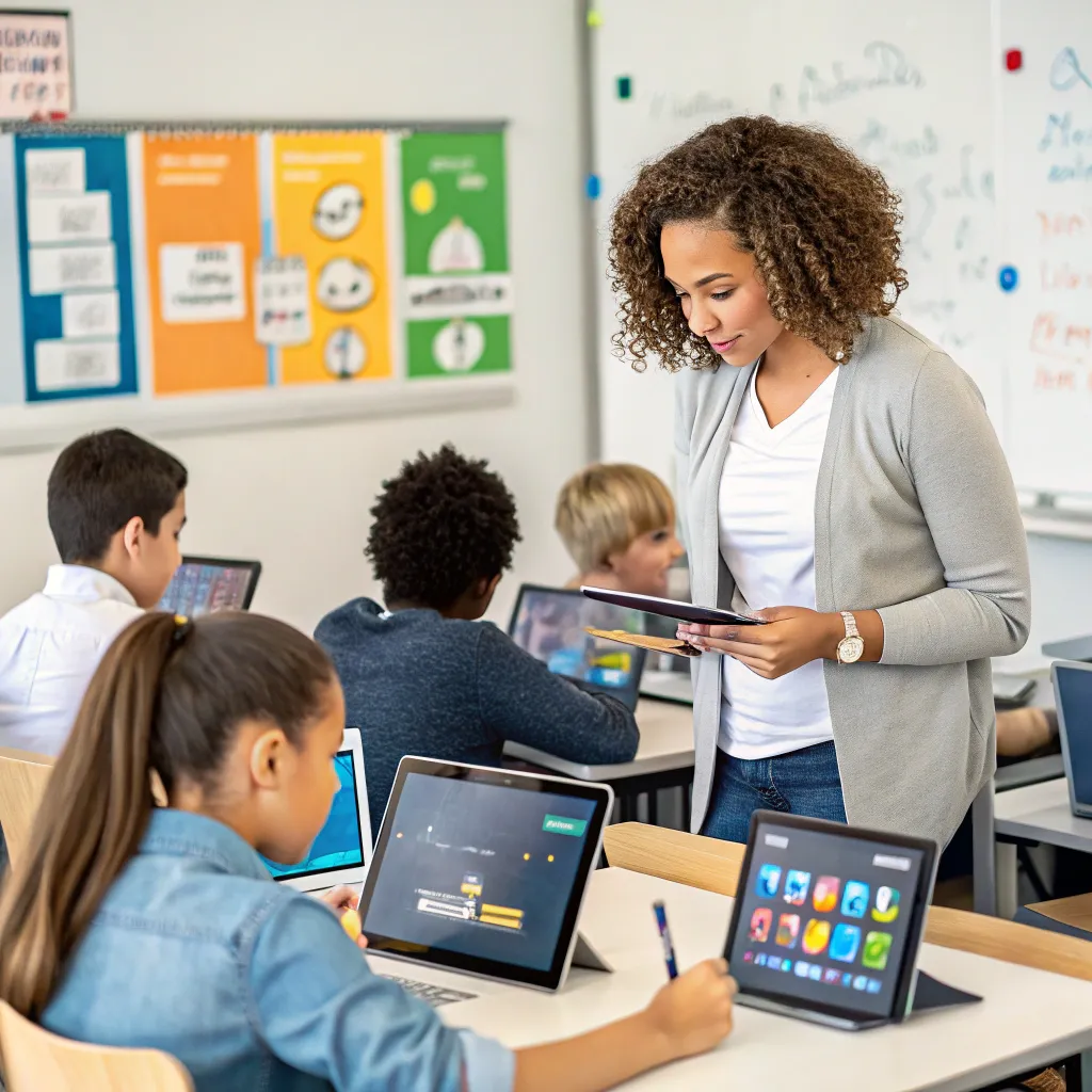 Diverse group of students in a bright classroom using digital devices for personalized learning, with teacher support