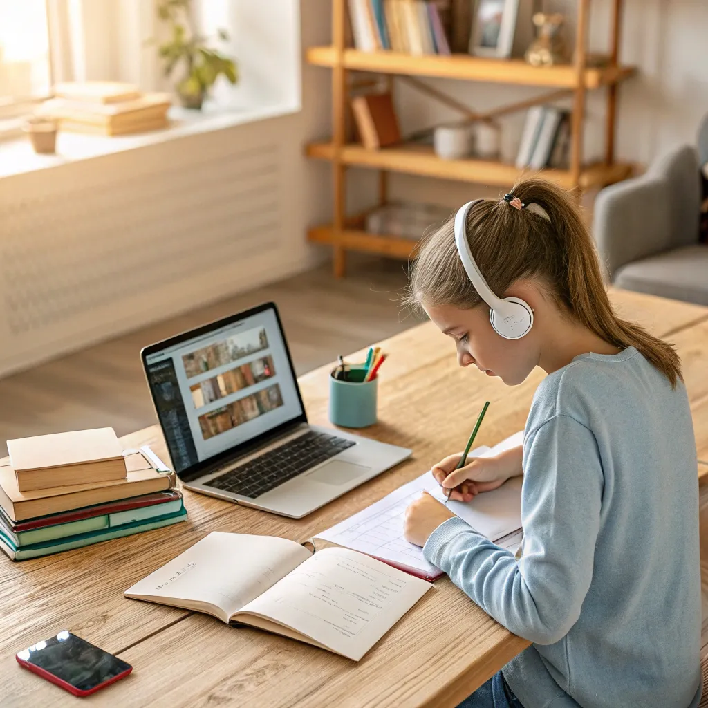 Girl studying at home with a laptop and headphones, taking notes while watching an educational video in a cozy environment